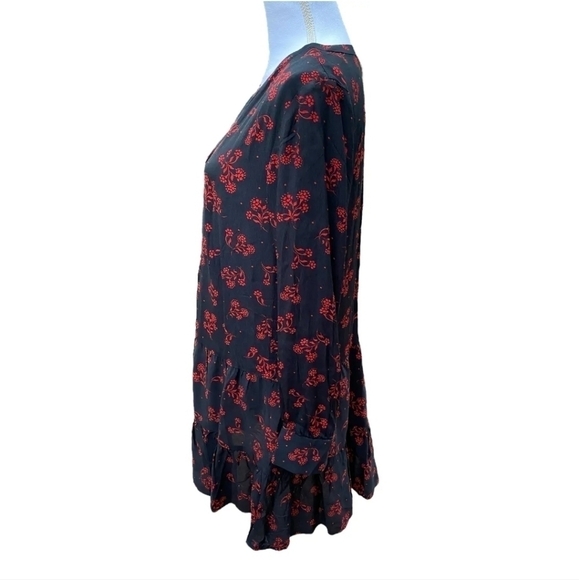 LOFT Womens Size Large Black Red Floral Tiered Dress Long Sleeve Split Neck - Picture 3 of 9